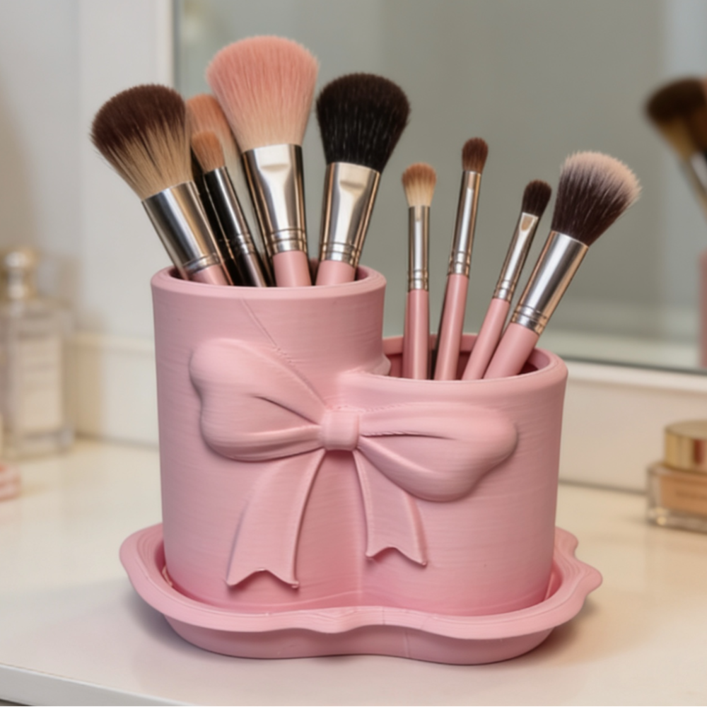 1 Bowknot Dual Compartment Storage Bin, Makeup Brush Holder, Desk Organizer, Pen Holder, Cosmetic Stand, Vanity Organizer, Gift Item, 3D Printed Utility Holder - Image 1