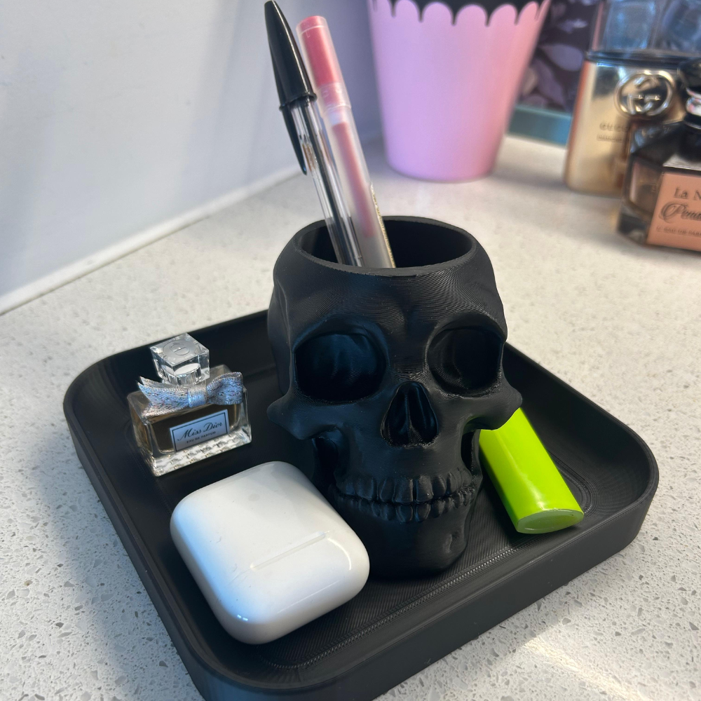 2 Black Skull Key Tray & Pen Holder, Desk Organizer, Office Table Accessory, Study Table Storage, Home Entryway Key Holder, Creative Workspace Decor, 3D Printed Desk Utility - Image 1