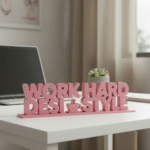 Pink desk sign with motivational phrase