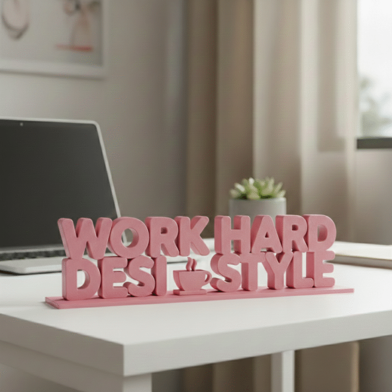 Pink desk sign with motivational phrase
