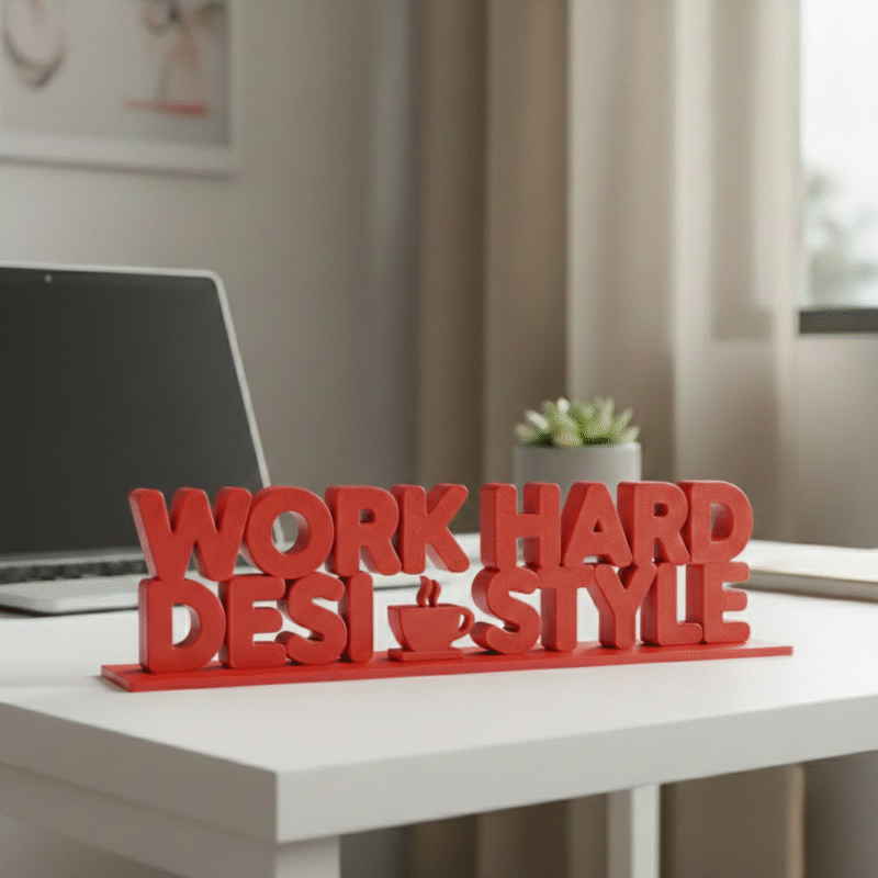 Red desk sign with motivational phrase