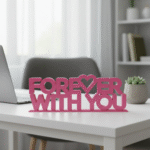Pink decorative sign on desk