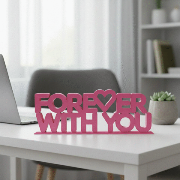 Pink decorative sign on desk