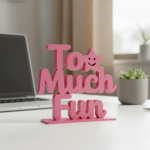 Pink decorative sign saying 'Too Much Fun'