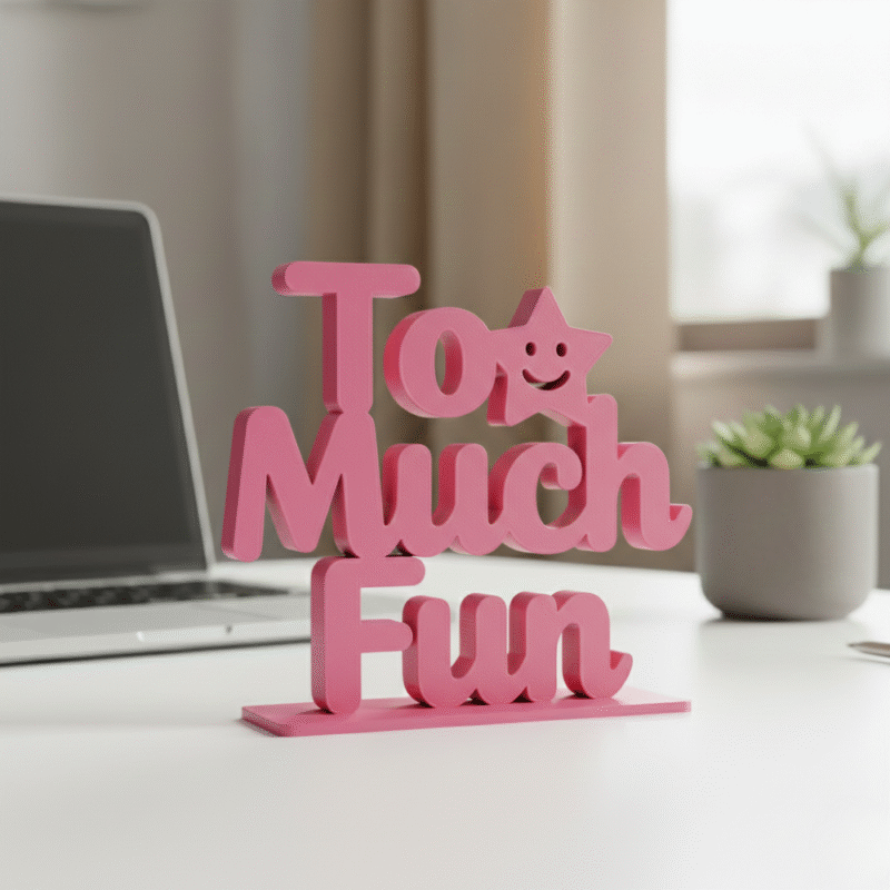 Pink decorative sign saying 'Too Much Fun'