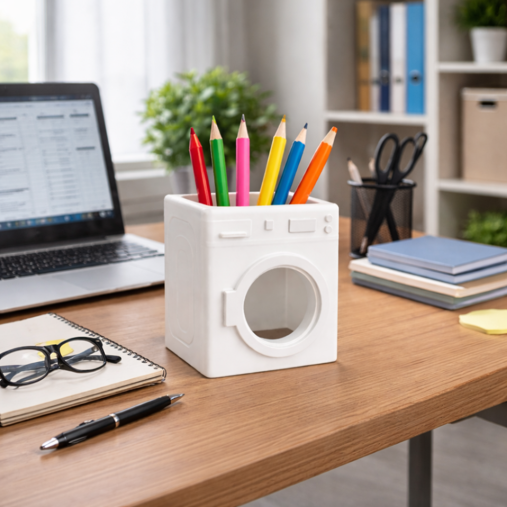 holder (9) Washing Machine Shaped Pen Holder, 3D Printed Desk Organizer, Office Table Decor, Study Table Pen Stand, Home Office Accessories, School Stationery Holder, Creative Utility Gift, Workspace Organizer - Image 1