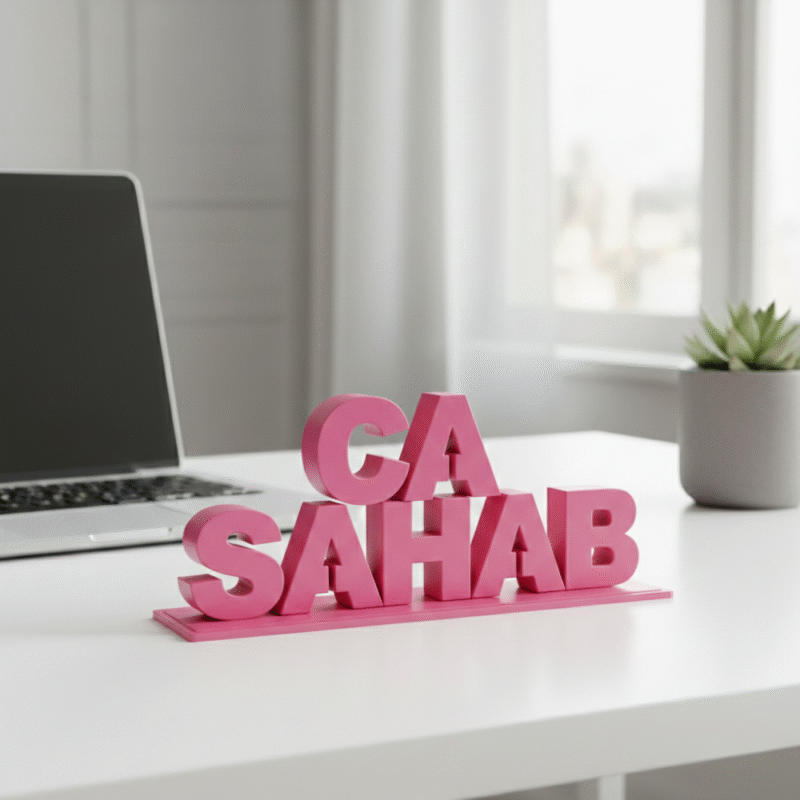 Pink desk sign with 'CA SAHAB'