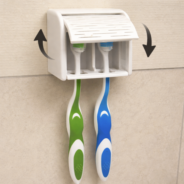 Wall Mounted Toothbrush Holder with Vented Shutter Cover, No Drill Installation, Strong Double Tape Adhesive, Fits 2 Toothbrushes, Bathroom Organizer Case for Home