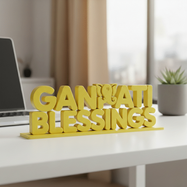 Yellow decorative text on desk