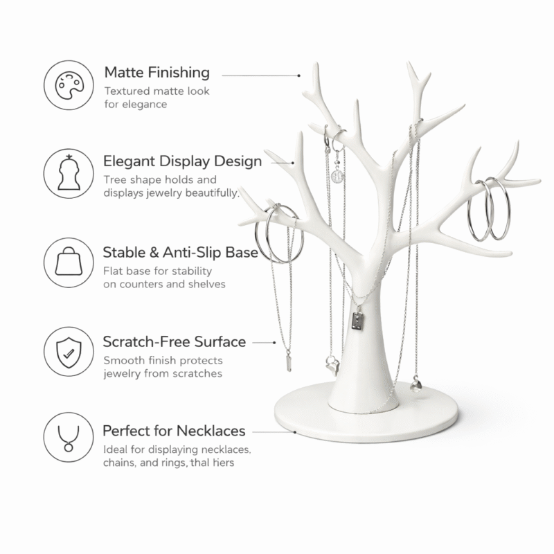 Necklace Display Stand Tree Design | Jewelry Organizer Holder for Rings, Chains & Earrings | Matte Finish Anti-Slip Base Display Stand for Shop, Home & Exhibition (Black/White) - Image 4