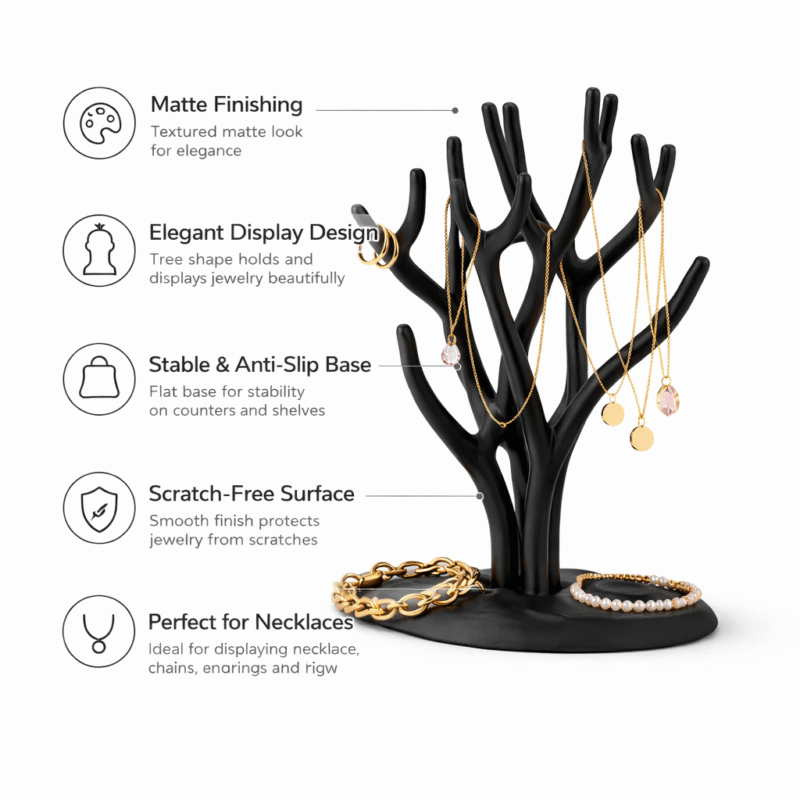 Premium Tree Design Necklace Display Stand | 3D Printed Jewellery Organizer for Necklaces Rings Bracelets | Durable Lightweight Plastic Holder | Space Saving Display for Home, Shop & Exhibition(Black Color) - Image 3
