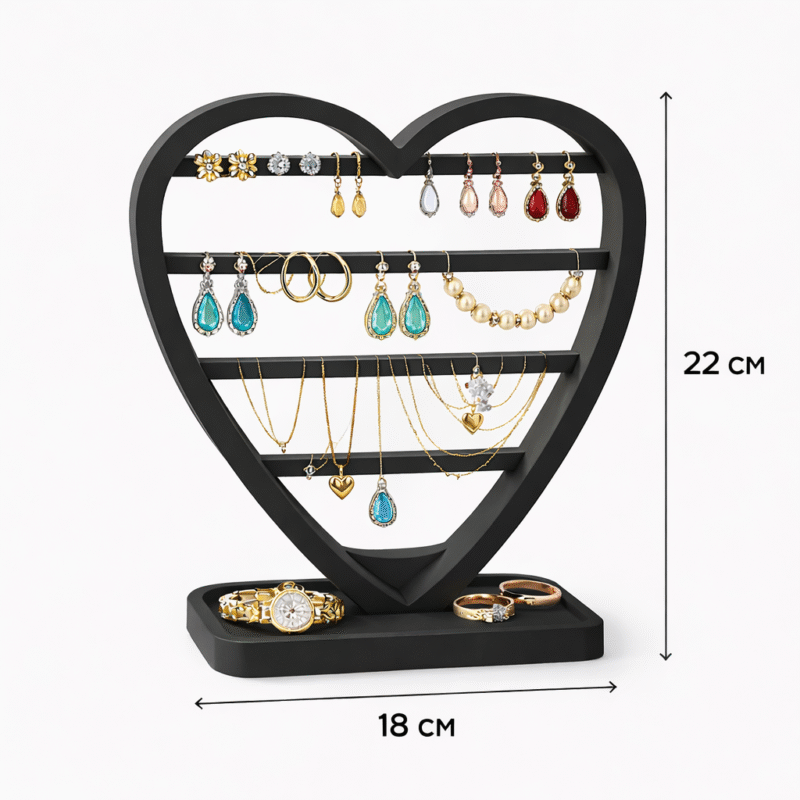 Heart Shape Earring Display Stand | 3D Printed Matte Finish Jewelry Organizer | Space Saving Necklace & Earring Holder for Dressing Table | Lightweight Durable Eco-Friendly Rack (Black) - Image 2