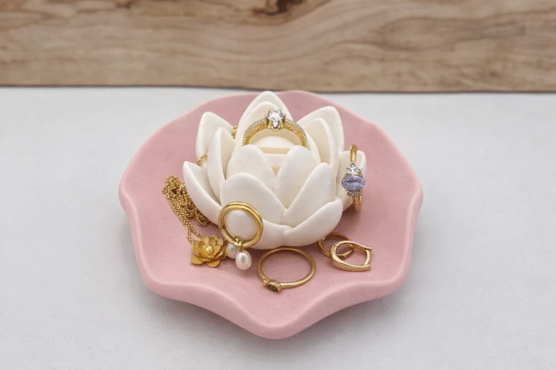 Premium Lotus Ring & Jewelry Holder Tray | Matte 3D Printed Organizer for Rings, Chains & Earrings | Elegant Space Saving Display for Dressing Table, Home Decor & Gift (Pink & White) - Image 3