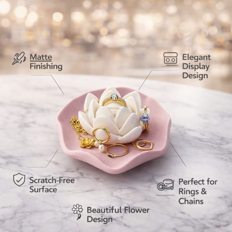 Premium Lotus Ring & Jewelry Holder Tray | Matte 3D Printed Organizer for Rings, Chains & Earrings | Elegant Space Saving Display for Dressing Table, Home Decor & Gift (Pink & White) - Image 2