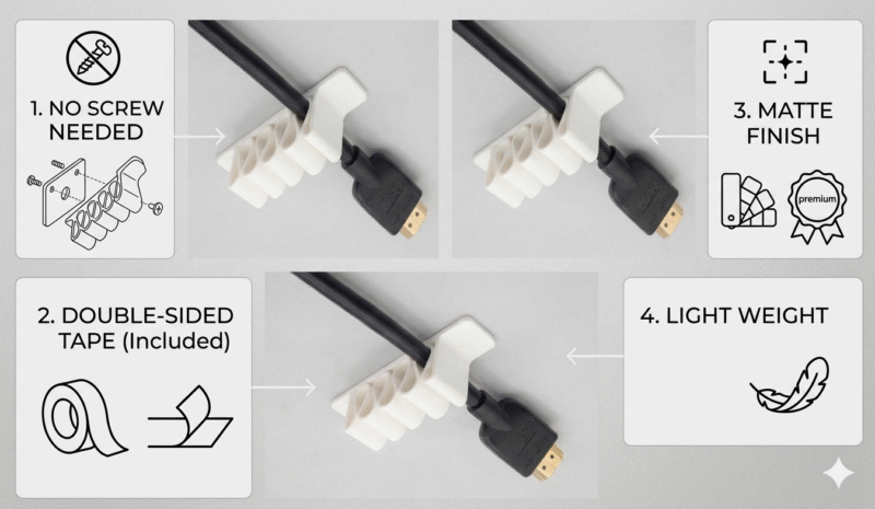 Cable Organizer (Pack of 3) – Minimalist Wavy Wire Management Clips for Desk & Office – No Screws Needed, Double-Sided Adhesive, Lightweight Matte Finish - Image 2