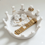 Premium Crown Ring Jewelry Tray | Matte 3D Printed Organizer for Rings, Earrings & Chains | Royal Design Space Saving Holder for Dressing Table, Home Decor & Gift (White Color)