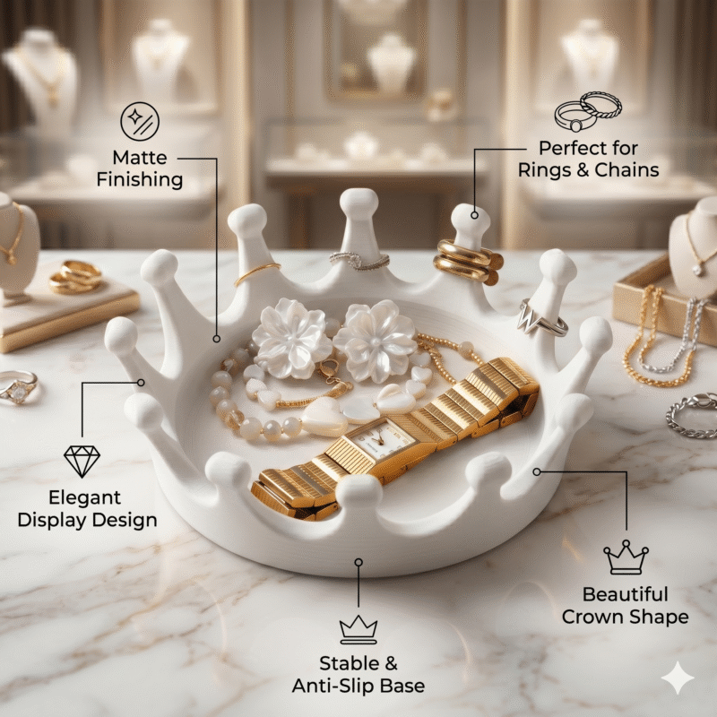 Premium Crown Ring Jewelry Tray | Matte 3D Printed Organizer for Rings, Earrings & Chains | Royal Design Space Saving Holder for Dressing Table, Home Decor & Gift (White Color) - Image 3