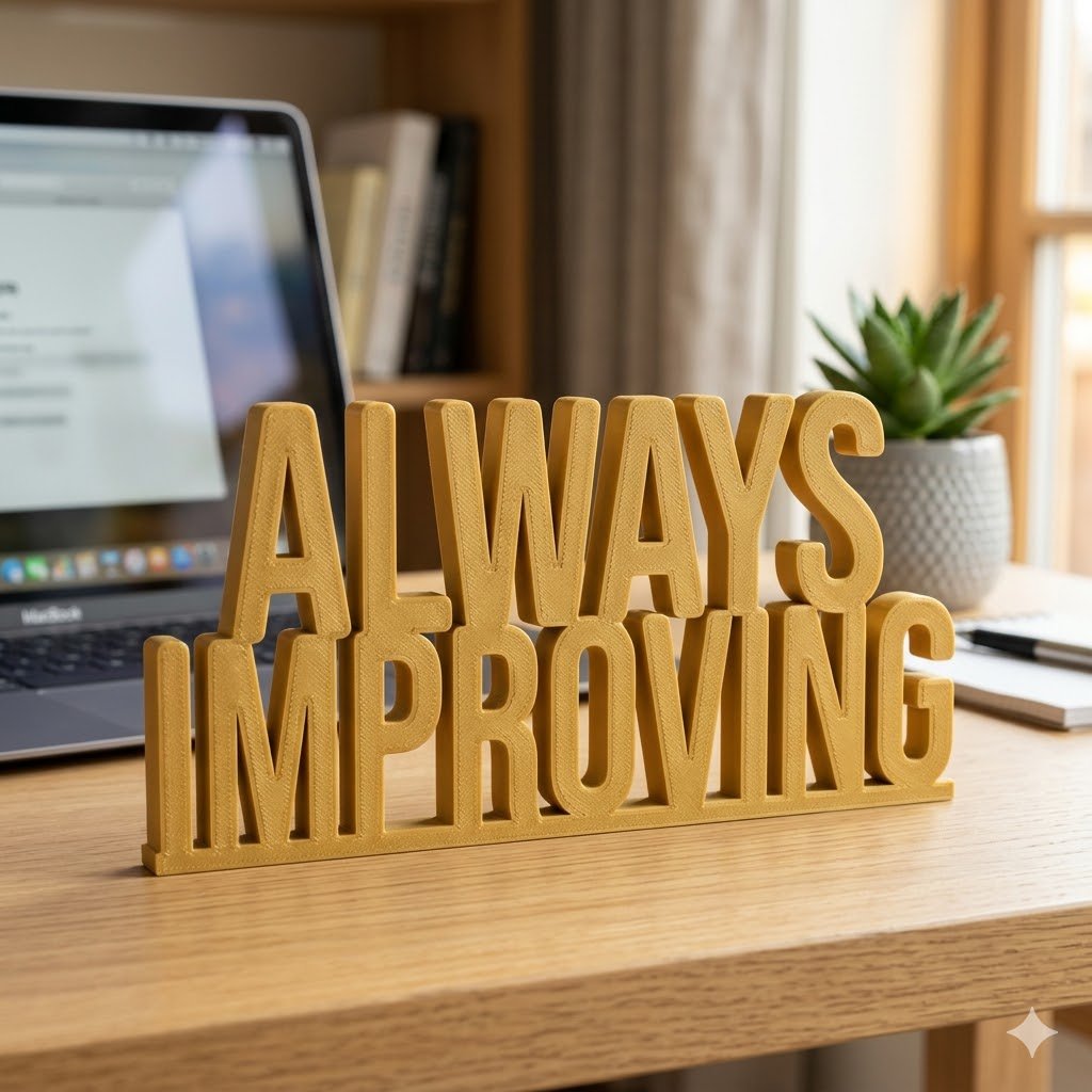 6004734a-1fcb-4379-a5ce-9204327004ff Always Improving 3D Printed Office Desk Sign | Motivational Corporate Workspace Decor - Image 1