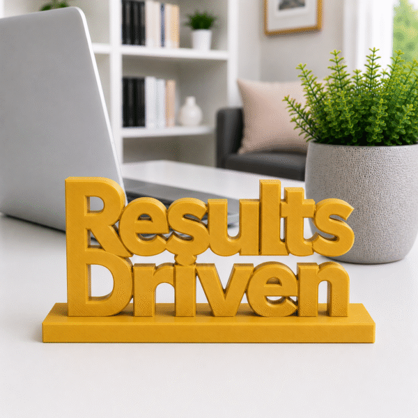 Energy meets execution. This bold yellow, 3D-printed "Results Driven" desk plaque is designed for high-velocity teams that live by their KPIs. Ideal for sales floors, marketing agencies, and software development sprints, this premium sign adds a splash of motivation and modern tech style to any workstation.