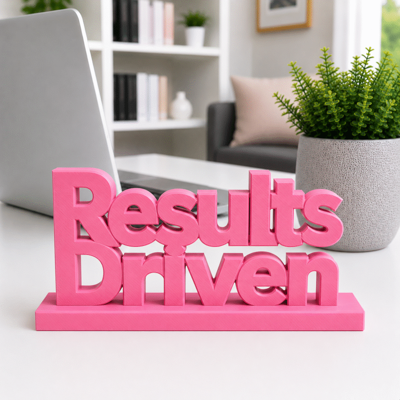 Energy meets execution. This bold yellow, 3D-printed "Results Driven" desk plaque is designed for high-velocity teams that live by their KPIs. Ideal for sales floors, marketing agencies, and software development sprints, this premium sign adds a splash of motivation and modern tech style to any workstation.