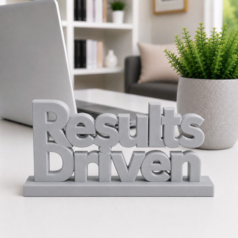 Energy meets execution. This bold yellow, 3D-printed "Results Driven" desk plaque is designed for high-velocity teams that live by their KPIs. Ideal for sales floors, marketing agencies, and software development sprints, this premium sign adds a splash of motivation and modern tech style to any workstation.