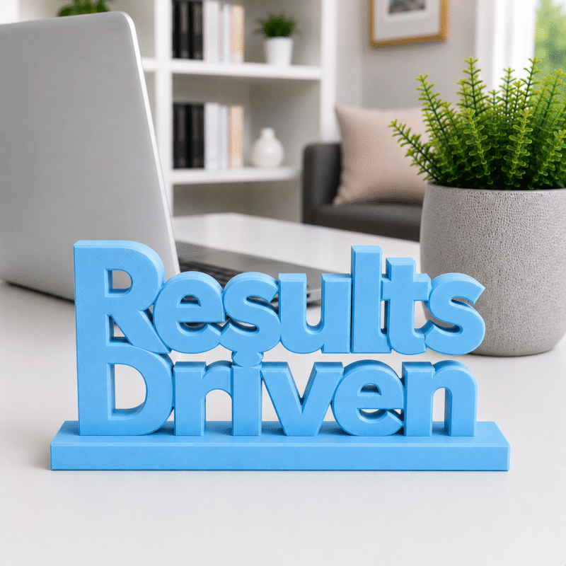Energy meets execution. This bold yellow, 3D-printed "Results Driven" desk plaque is designed for high-velocity teams that live by their KPIs. Ideal for sales floors, marketing agencies, and software development sprints, this premium sign adds a splash of motivation and modern tech style to any workstation.