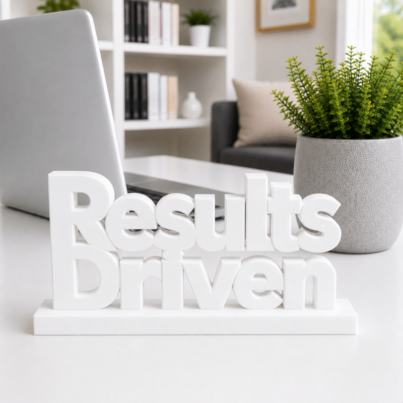 Energy meets execution. This bold yellow, 3D-printed "Results Driven" desk plaque is designed for high-velocity teams that live by their KPIs. Ideal for sales floors, marketing agencies, and software development sprints, this premium sign adds a splash of motivation and modern tech style to any workstation.