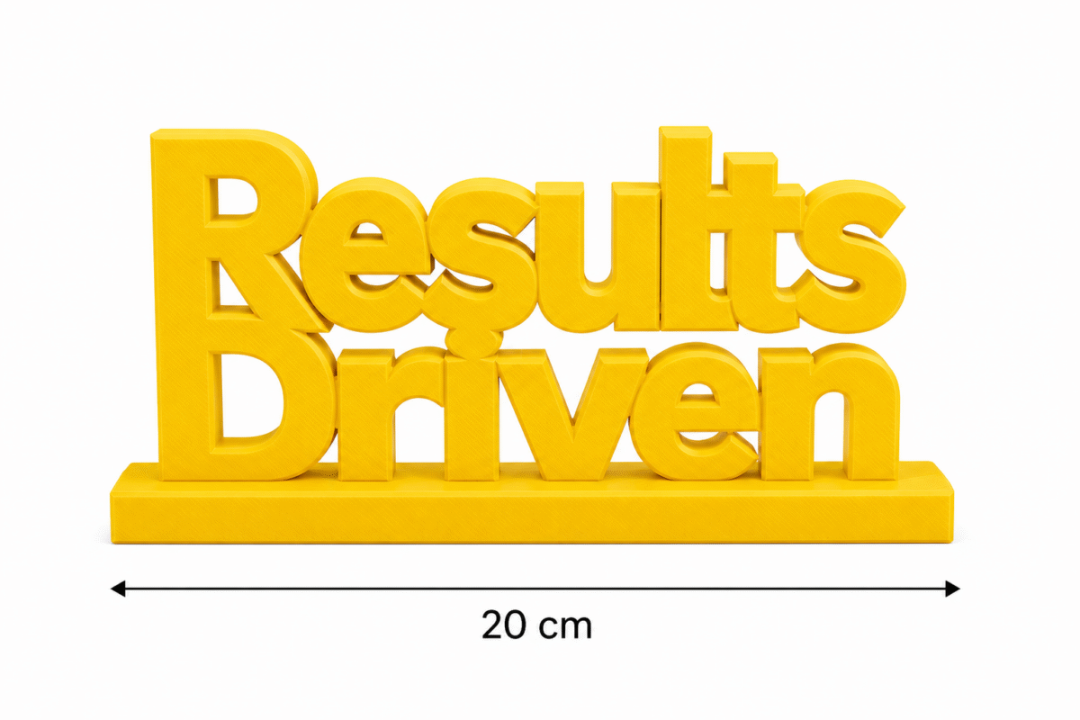 Energy meets execution. This bold yellow, 3D-printed "Results Driven" desk plaque is designed for high-velocity teams that live by their KPIs. Ideal for sales floors, marketing agencies, and software development sprints, this premium sign adds a splash of motivation and modern tech style to any workstation.