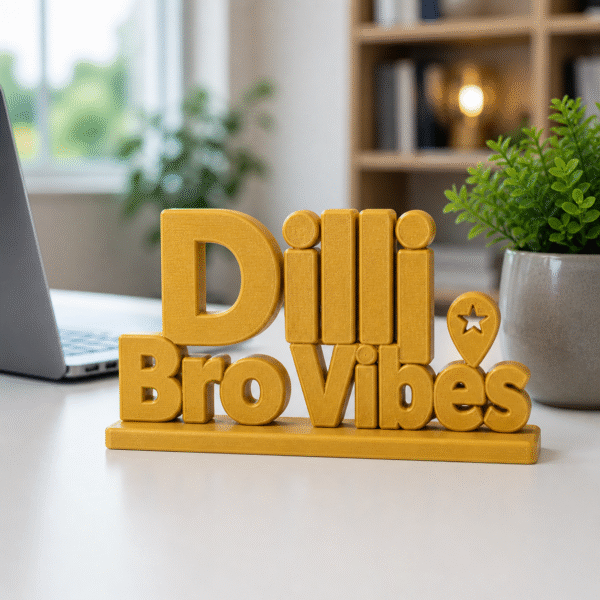 Dilli Bro Vibes" 3D-printed desk decor.