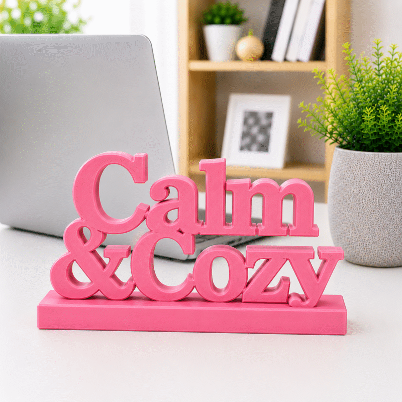 3D Printed Calm & Cozy Desk Sign - Pink Wellness Office Decor