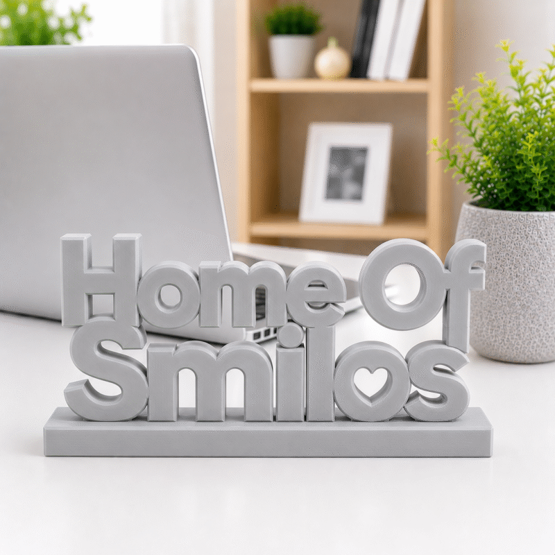 3D Printed Home Of Smiles Desk Sign - Grey Minimalist Office Decor
