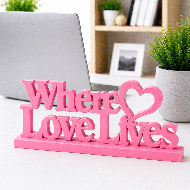 3D Printed Where Love Lives Desk Sign - Grey Minimalist Office Gift