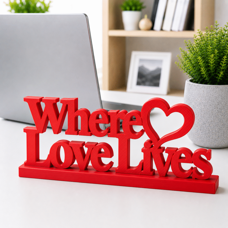 3D Printed Where Love Lives Desk Sign - Grey Minimalist Office Gift