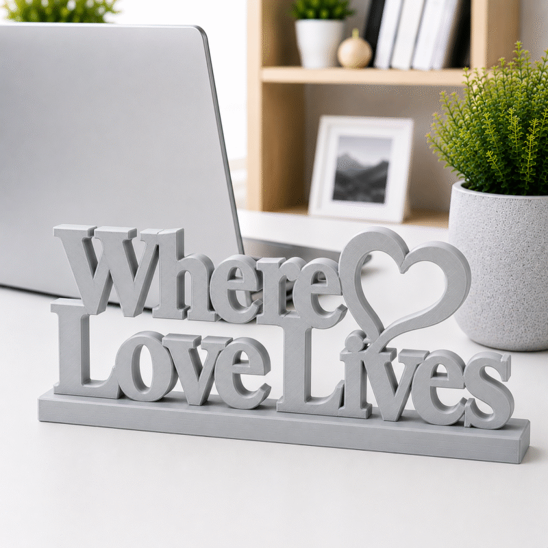 3D Printed Where Love Lives Desk Sign - Grey Minimalist Office Gift