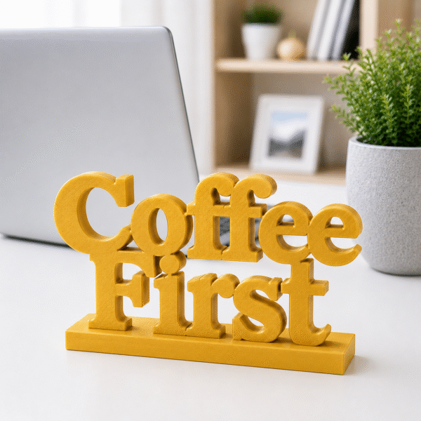 3D Printed Coffee First Desk Sign - Fun Yellow Office Decor Gift