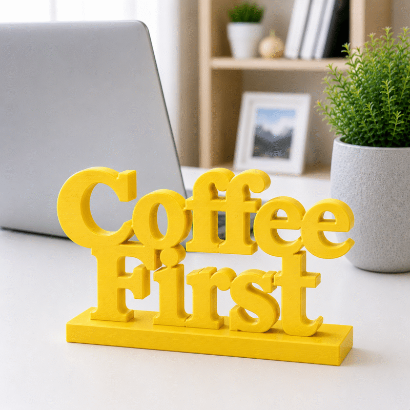 3D Printed Coffee First Desk Sign - Fun Yellow Office Decor Gift